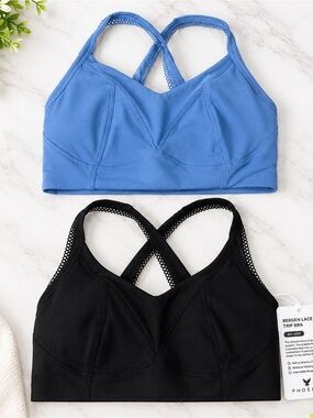 Phoenix Bergen Lace Trip Bra 2-Pack Black Blue Med D-DDD Crossover Wireless NWT